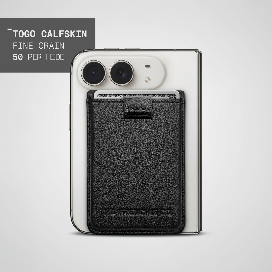 Fine Grain Togo Speed Wallet Duo on the back of a folded iPhone Duo, 50 per hide