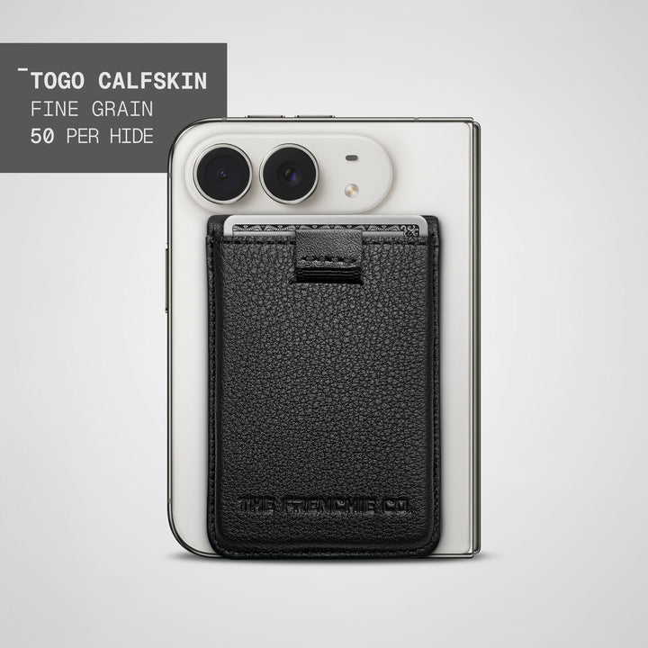 Fine Grain Togo Speed Wallet Duo on the back of a folded iPhone Duo, 50 per hide