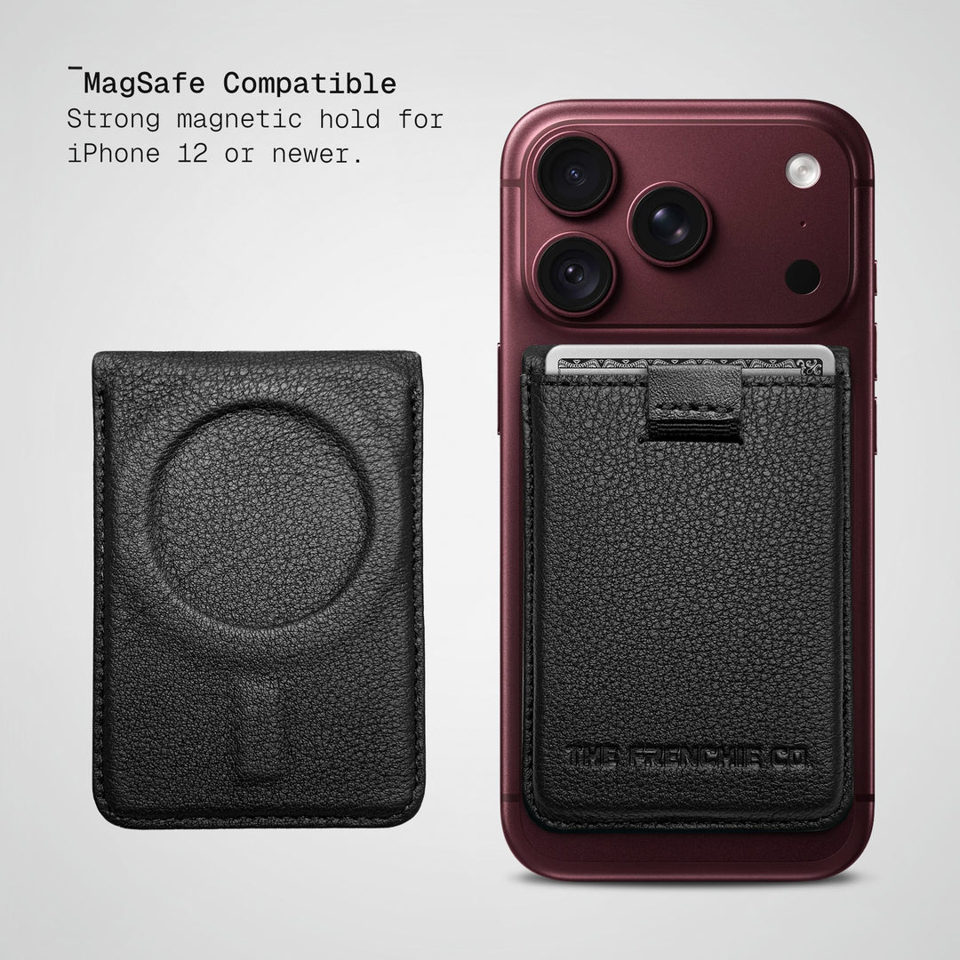 Fine Grain Togo Speed Wallet Duo on a standard MagSafe iPhone, next to its MagSafe-ring back