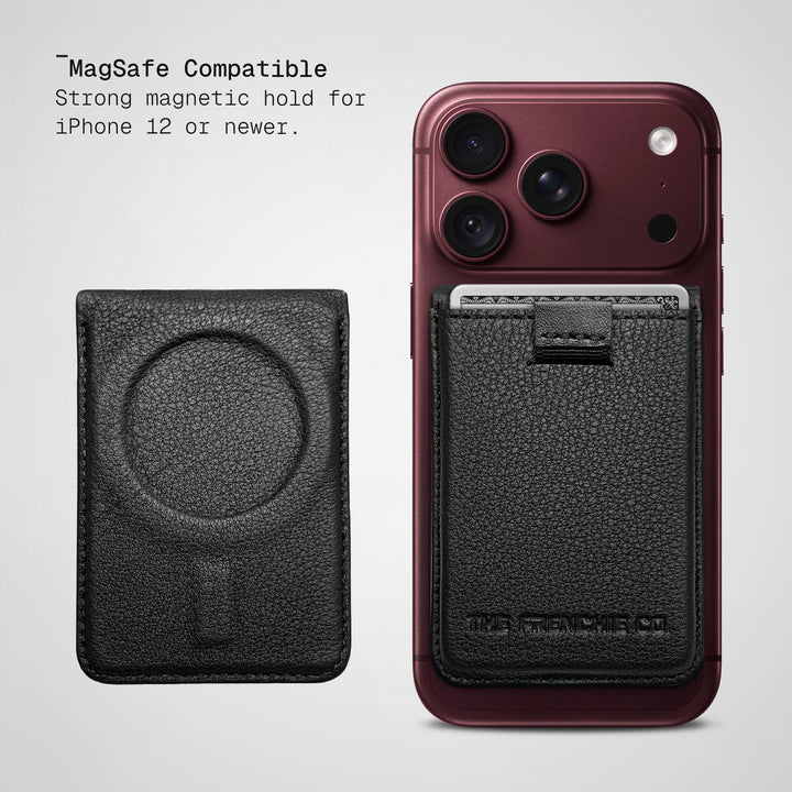 Fine Grain Togo Speed Wallet Duo on a standard MagSafe iPhone, next to its MagSafe-ring back