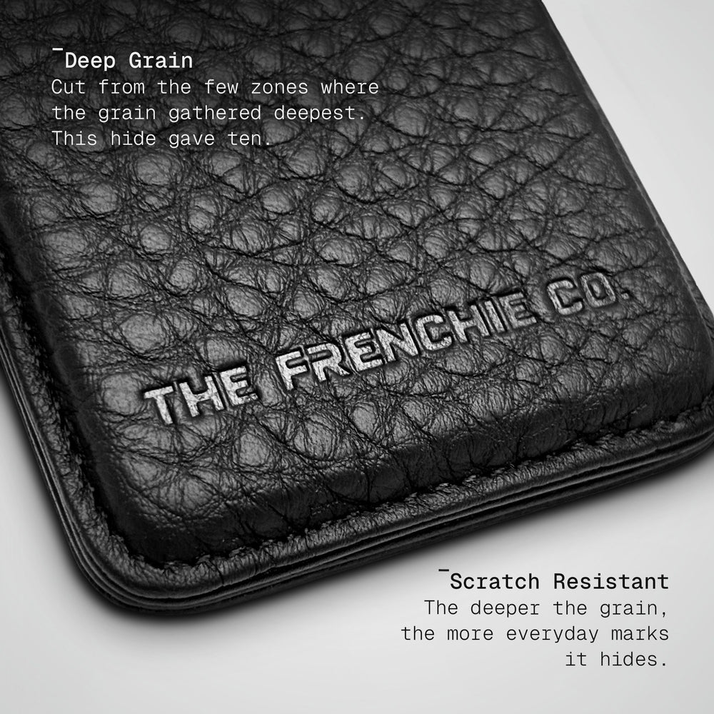 Close-up of the Deep Grain Togo calfskin and embossed logo