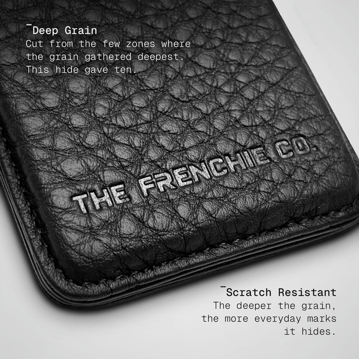 Close-up of the Deep Grain Togo calfskin and embossed logo