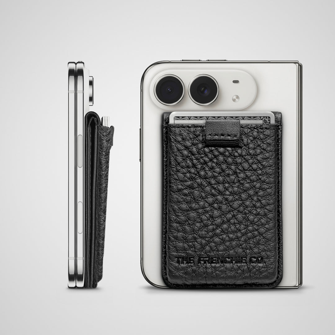 Deep Grain Togo Speed Wallet Duo on a folded iPhone Duo, side and back views