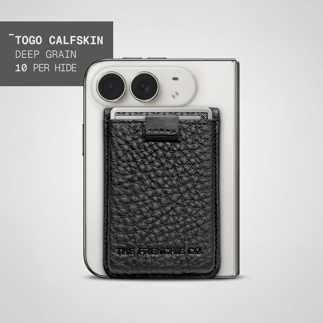 Deep Grain Togo Speed Wallet Duo on the back of a folded iPhone Duo, 10 per hide