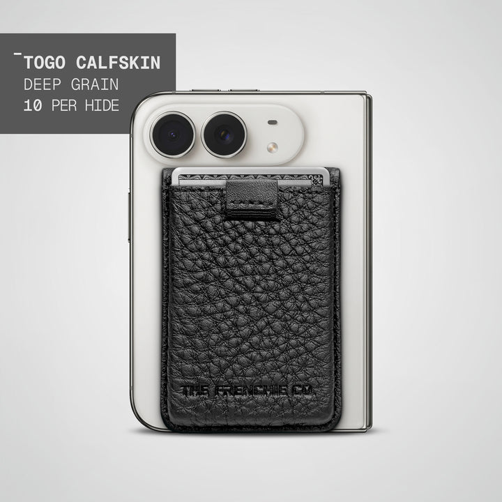 Deep Grain Togo Speed Wallet Duo on the back of a folded iPhone Duo, 10 per hide