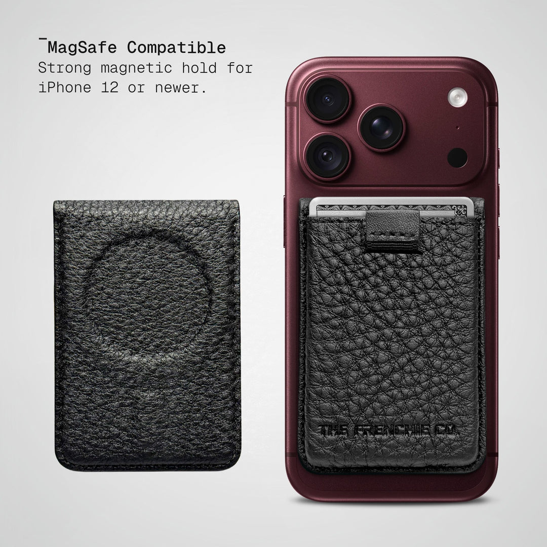Deep Grain Togo Speed Wallet Duo on a standard MagSafe iPhone, next to its MagSafe-ring back