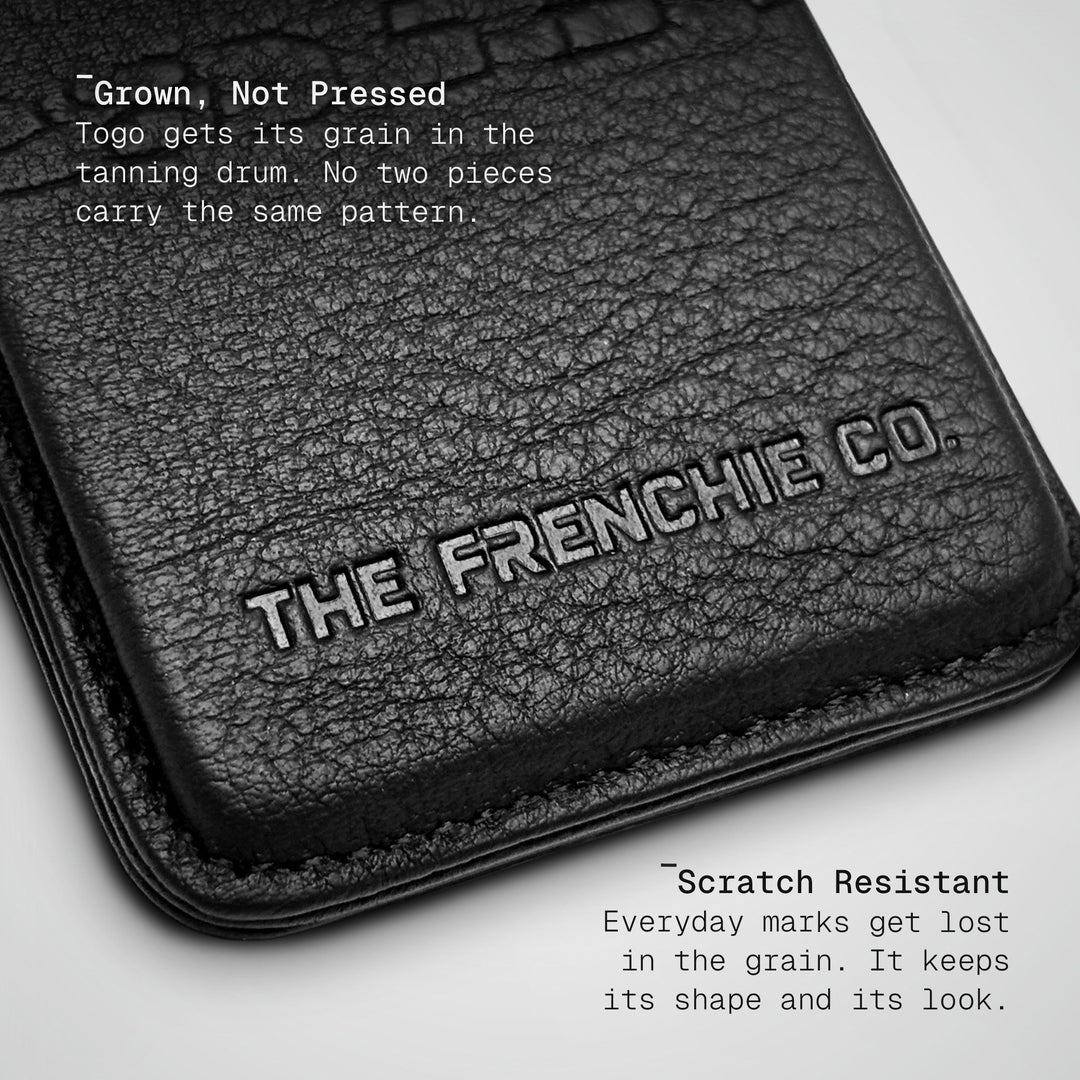 Close-up of the Togo calfskin and embossed logo on the Numbered wallet
