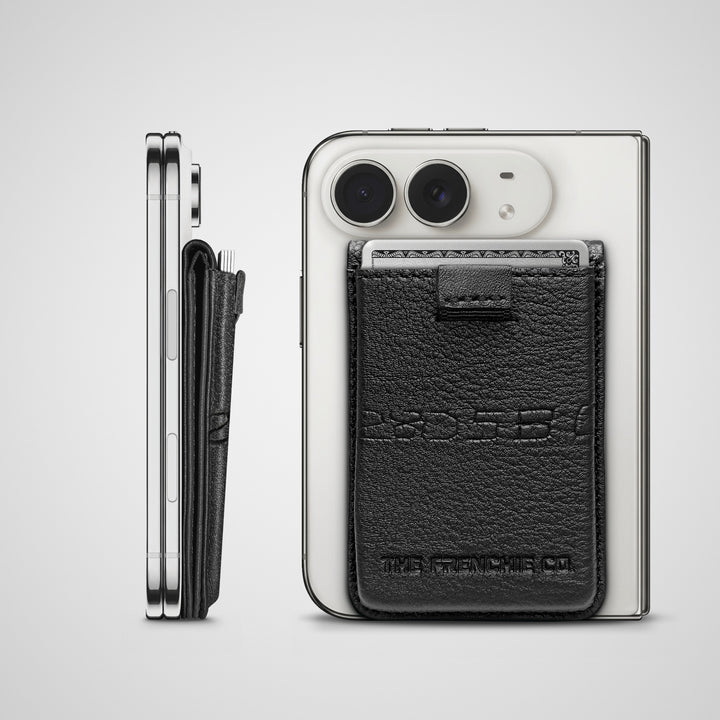 Numbered Togo Speed Wallet Duo on a folded iPhone Duo, side and back views