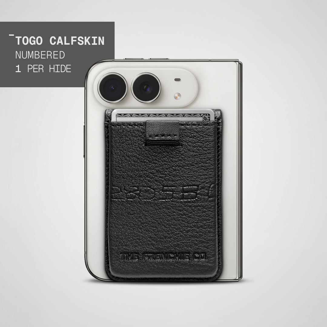Numbered Togo Speed Wallet Duo on the back of a folded iPhone Duo, the hide&