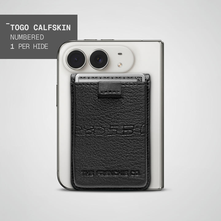 Numbered Togo Speed Wallet Duo on the back of a folded iPhone Duo, the hide&