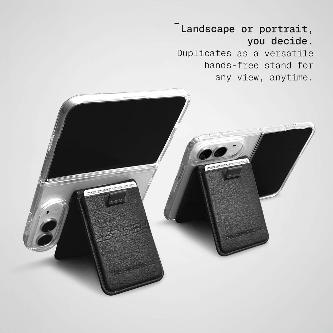 Two iPhone Duos in clear cases standing on Speed Wallet Duos, one in landscape and one in portrait