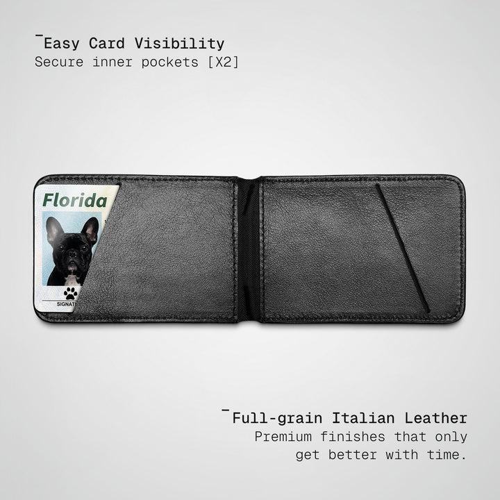 Togo Speed Wallet Duo opened flat, a card showing its corner in the black leather inner pocket