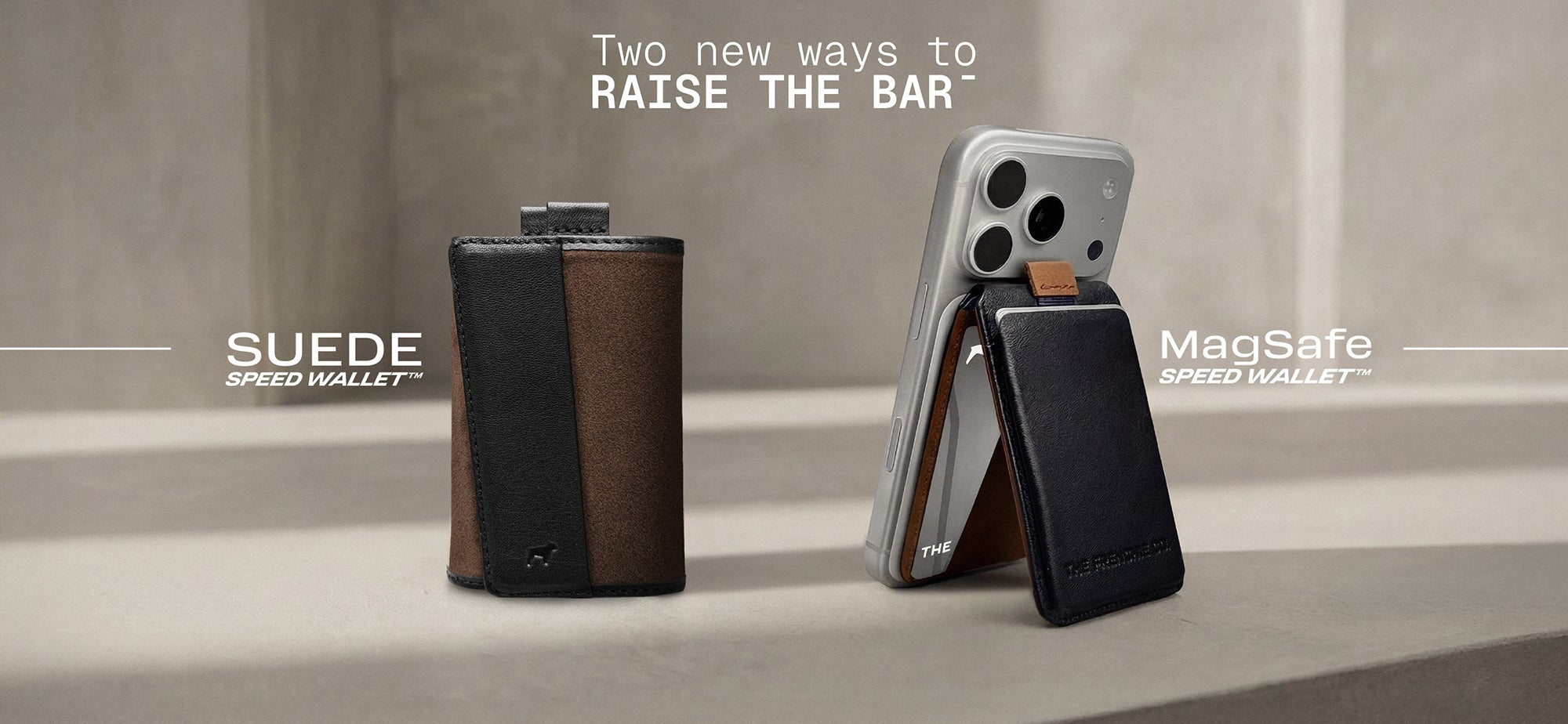 Two phone stands, one suede and one MagSafe, on a neutral background.