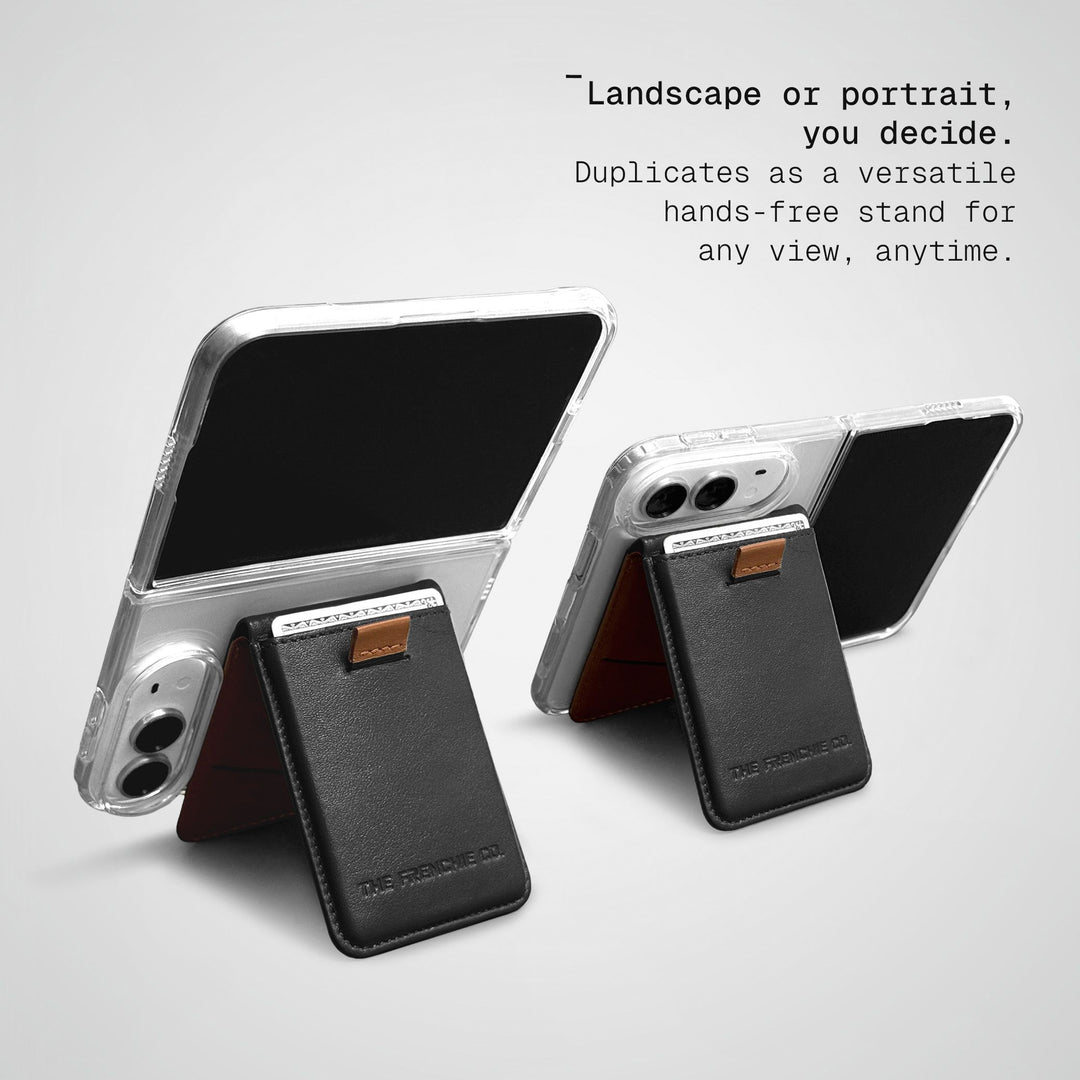 Two iPhone Duos in clear cases standing on Black-Tan Speed Wallet Duos, one in landscape and one in portrait