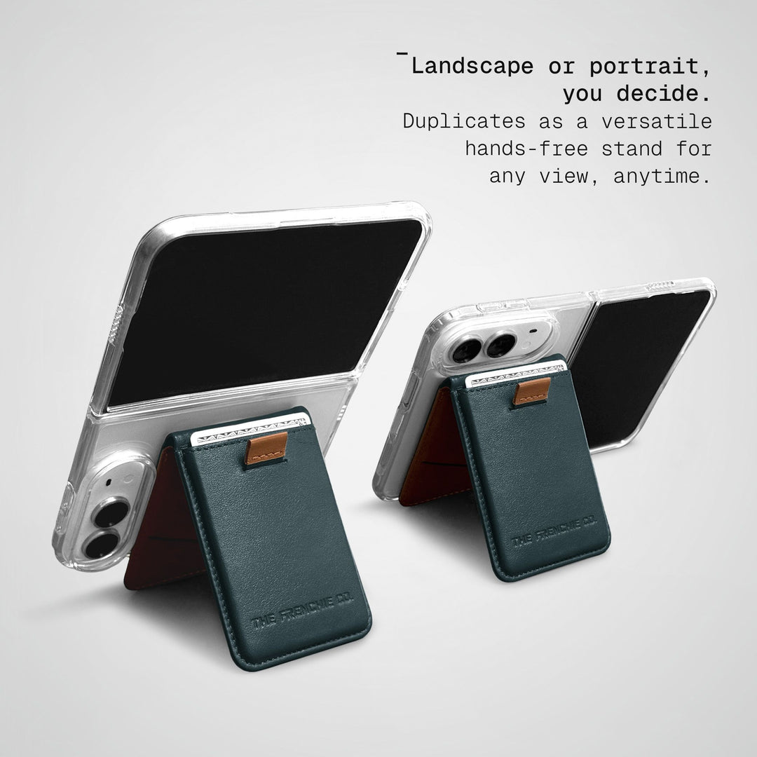 Two iPhone Duos in clear cases standing on Green-Tan Speed Wallet Duos, one in landscape and one in portrait