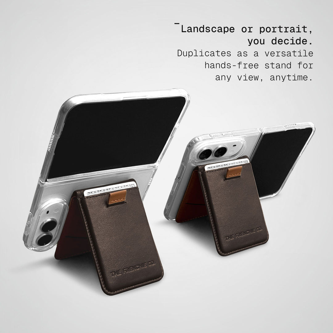 Two iPhone Duos in clear cases standing on Mocha-Tan Speed Wallet Duos, one in landscape and one in portrait