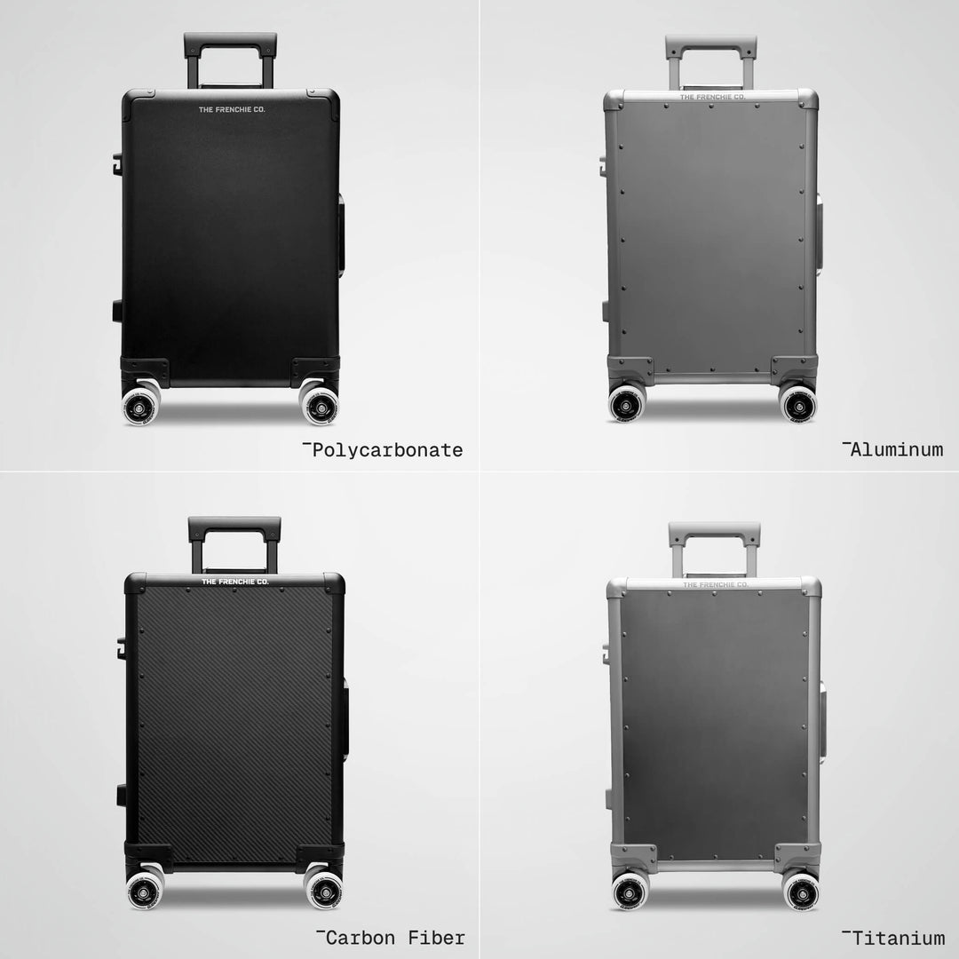Four views of a suitcase labeled 'Titanium', 'Carbon Fiber', 'Polycarbonate', and 'Aluminum' on a light gray background.