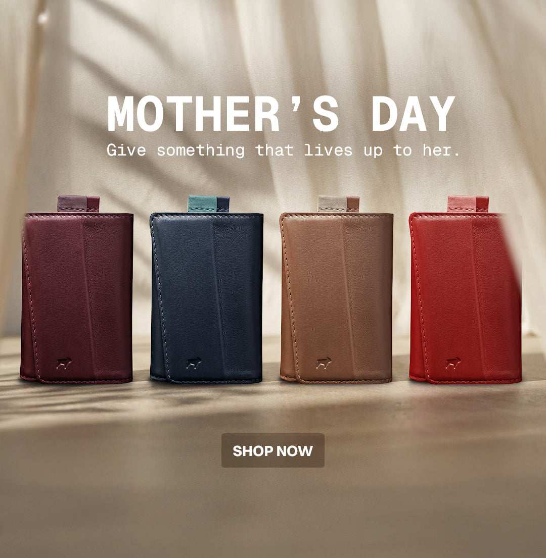 Four COLOR leather WALLETSin different colors with 'Mother's Day' text and 'Shop Now' button.